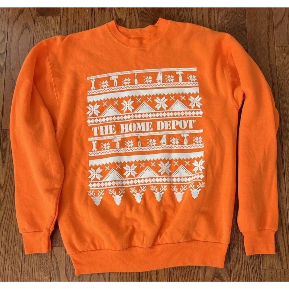 The Home Depot Men M Orange Graphic Print Pullover Sweatshirt Crewneck Christmas